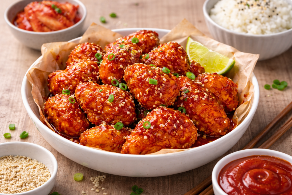 Ayam goreng Korea crispy dengan saus gochujang pedas manis dan taburan biji wijen