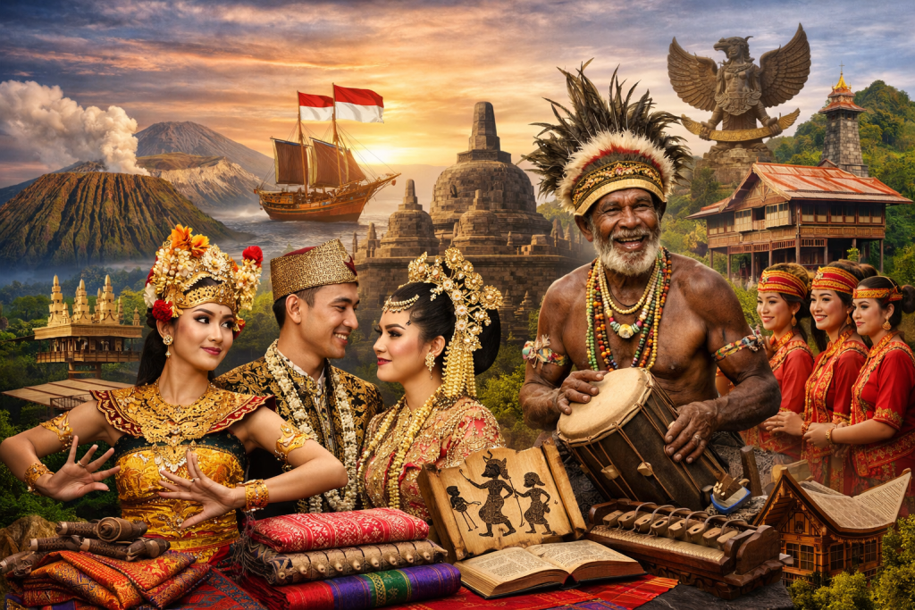 Keragaman budaya Indonesia yang menampilkan adat istiadat, seni tradisional, dan pakaian adat dari berbagai daerah