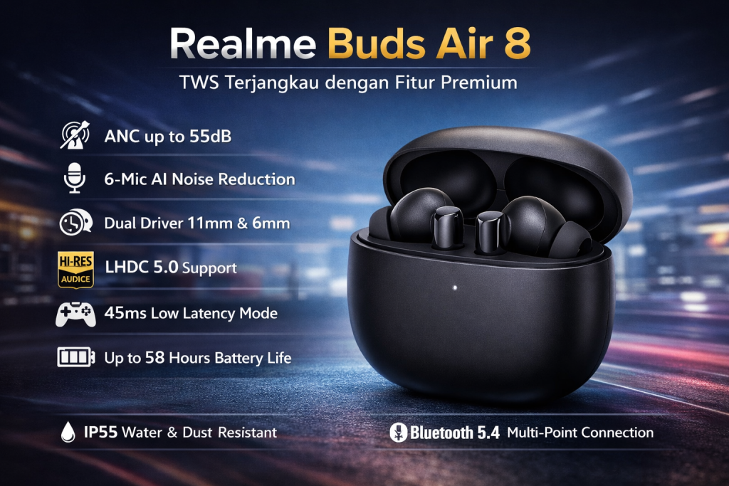 Realme Buds Air 8 TWS dengan fitur ANC 55 dB, desain in-ear, dan charging case matte