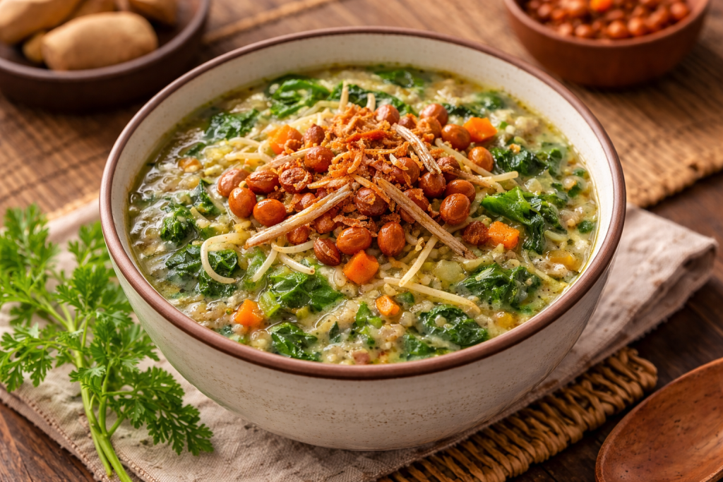 Bubur pedas khas Melayu Sambas Kalimantan Barat dengan sayuran dan taburan ikan teri