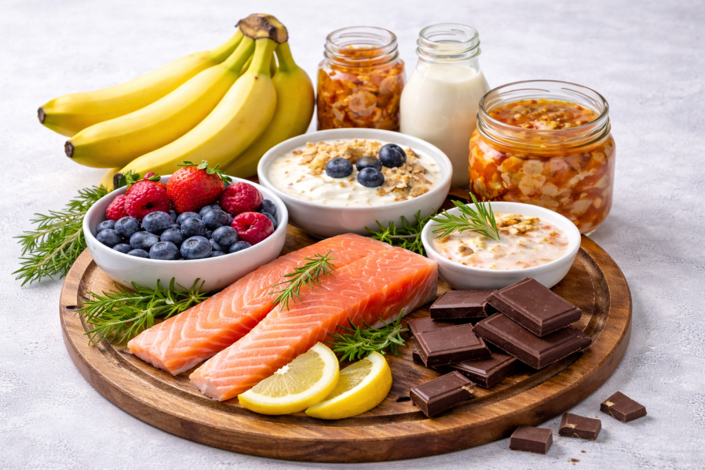 Makanan sehat yang berperan dalam menjaga suasana hati dan kesehatan mental, termasuk ikan berlemak, cokelat hitam, makanan fermentasi, pisang, dan buah beri yang mendukung fungsi otak dan kestabilan emosi.