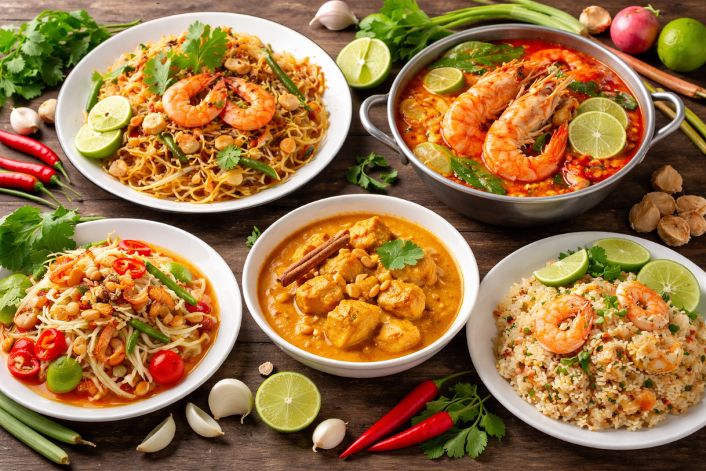 Beragam makanan khas Thailand seperti Pad Thai, Tom Yum Goong, Som Tum, Massaman Curry, dan Khao Pad yang populer saat wisata kuliner.