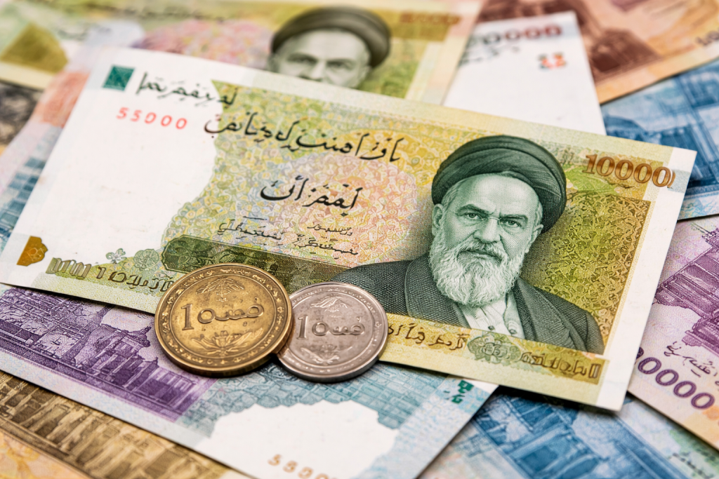 Uang kertas dan koin rial Iran sebagai simbol pelemahan nilai tukar di tengah krisis ekonomi dan inflasi tinggi