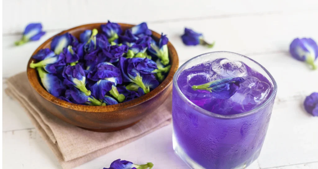 Bunga telang biru kering sebagai bahan teh herbal alami