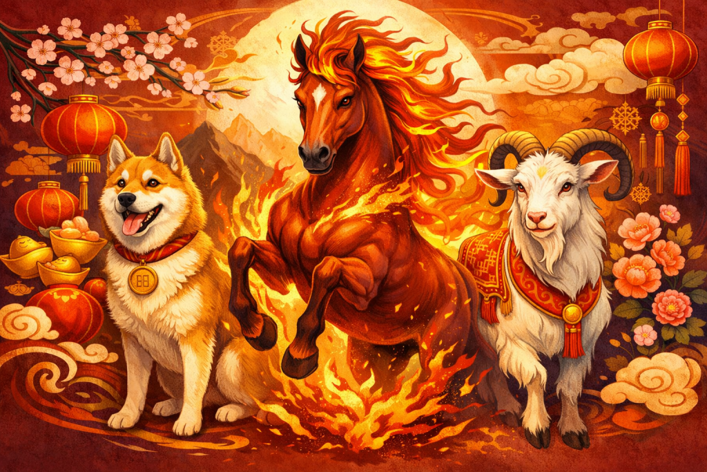 Ilustrasi shio Kuda Api 2026 bersama shio Anjing dan Kambing