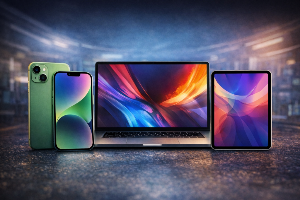 Ilustrasi iPhone 17e, MacBook Pro, dan iPad terbaru