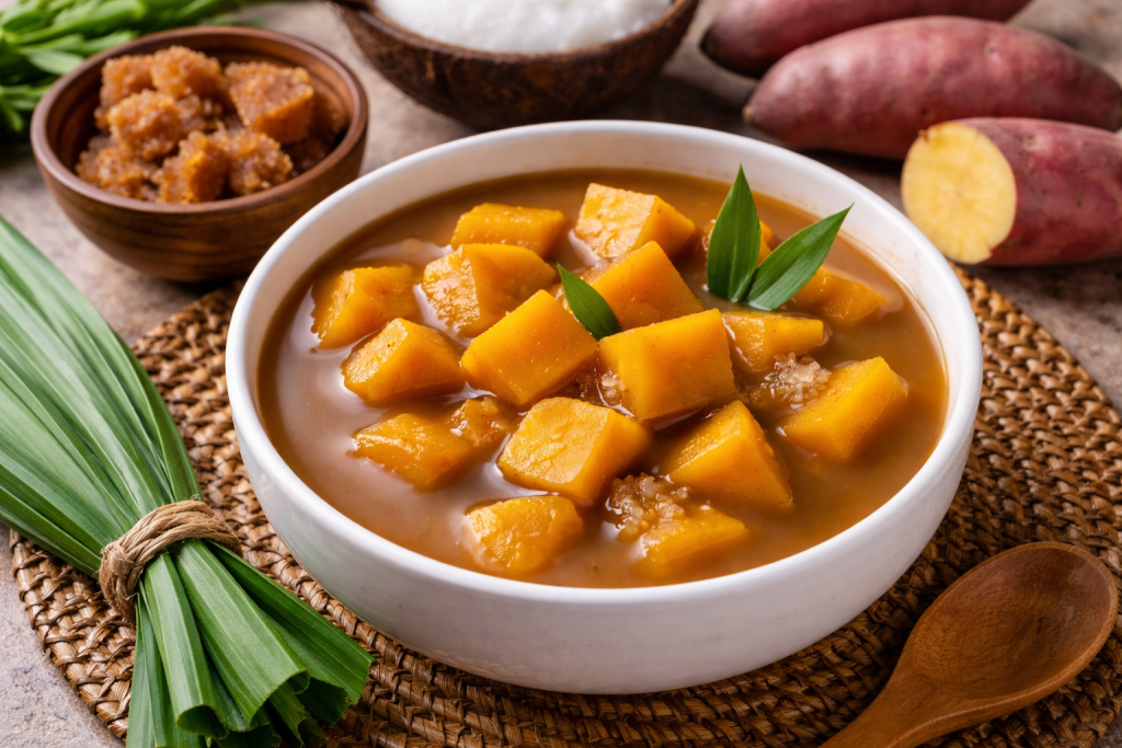 Setup ubi manis dengan kuah gula aren dan santan