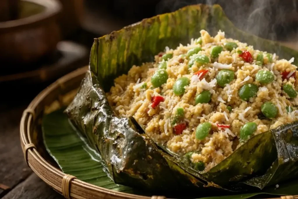 Botok tahu petai cina dibungkus daun pisang dengan kelapa parut dan bumbu rempah siap disajikan hangat.