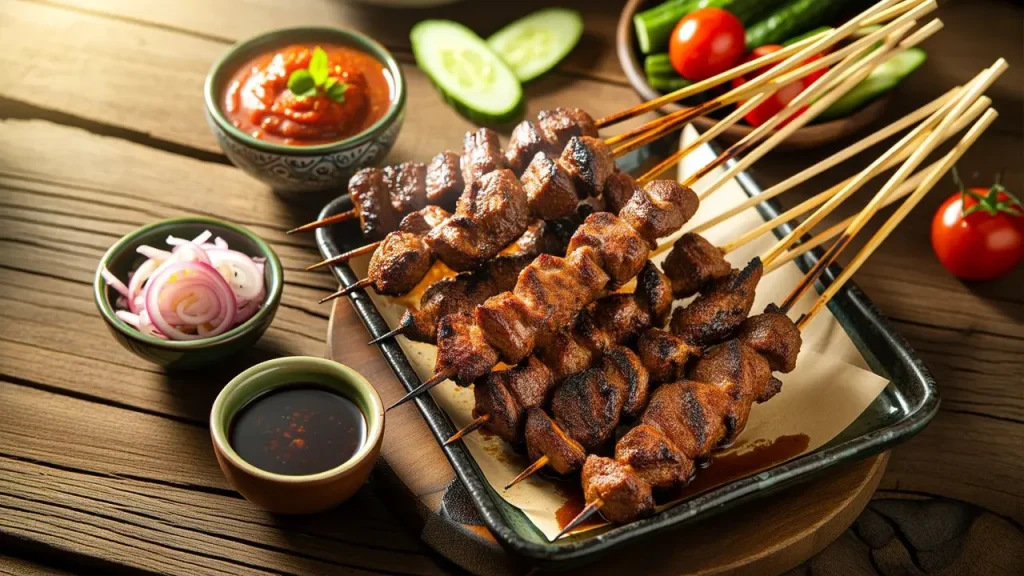 Sate maranggi khas Purwakarta dengan daging sapi empuk dan bumbu rempah yang dibakar di atas arang di salah satu tempat makan sekitar Kemang, Jakarta Selatan.