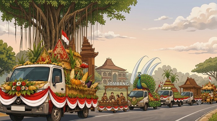 Karnaval Mobil Hias Jombang 2026 dengan kendaraan hias dan hasil bumi masyarakat lokal.